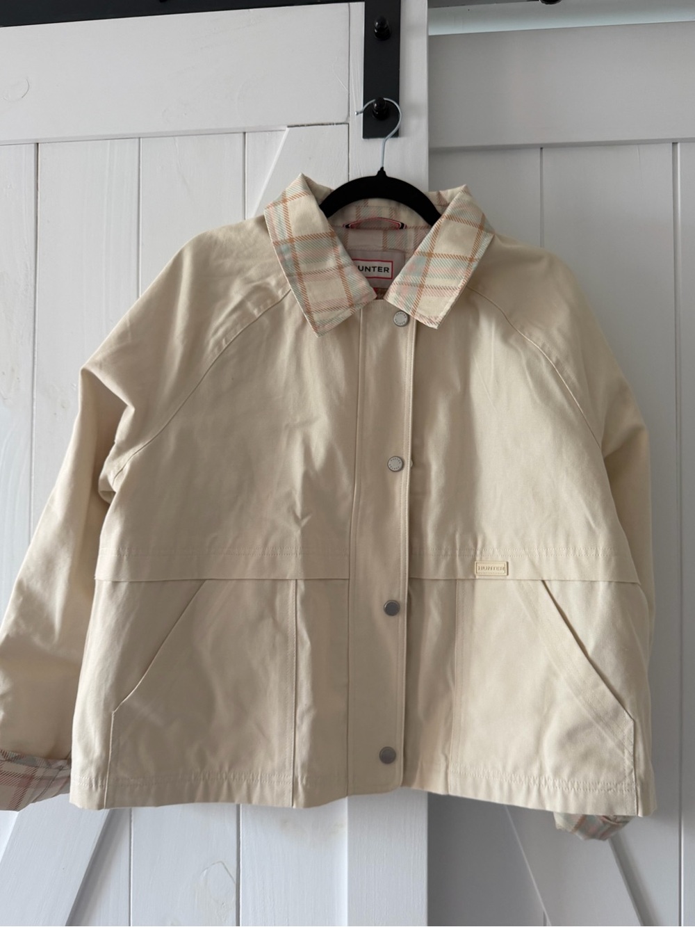NWT Hunter Plaid Collar Cotton Twill Crop Field Jacket Chalk/Cream Large